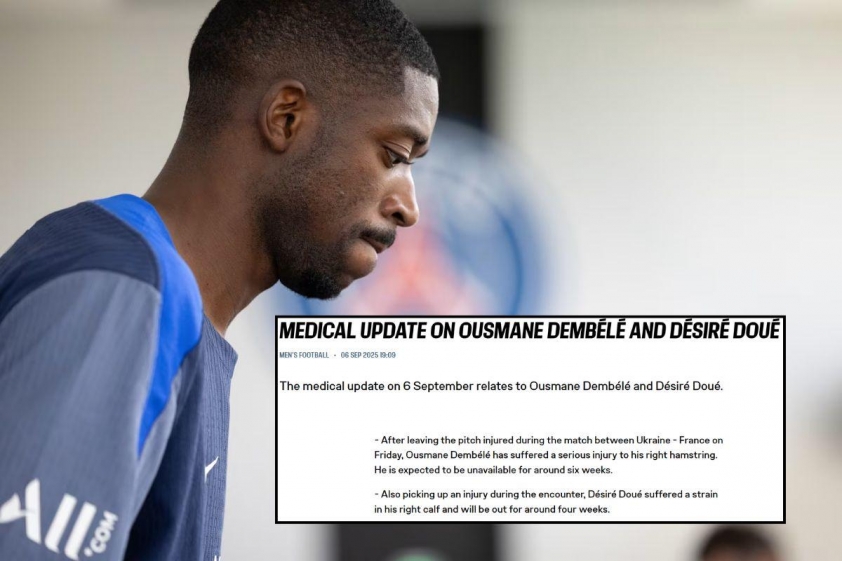 Thông báo chính thức của PSG về chấn thương của Dembele và Doue.