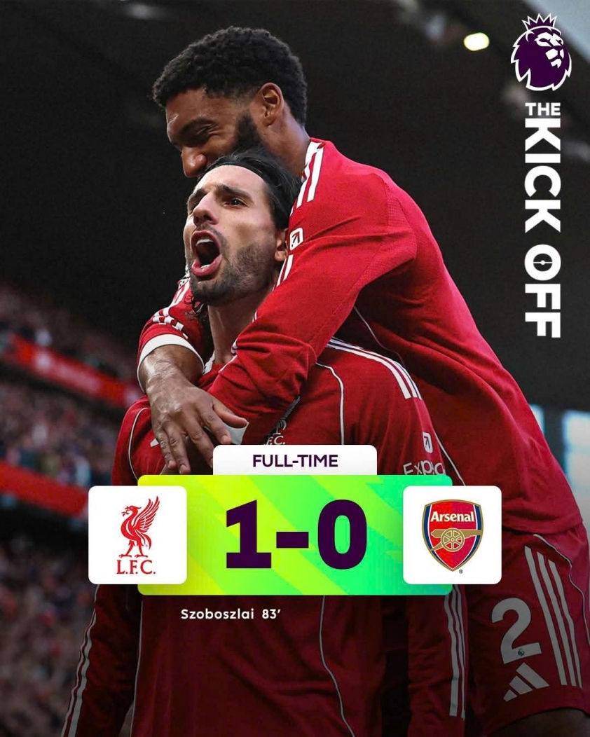 Liverpool giành ngôi đầu sau chiến thắng tối thiểu trước Arsenal bằng siêu phẩm của Szoboszlai. (Ảnh: Premier League)